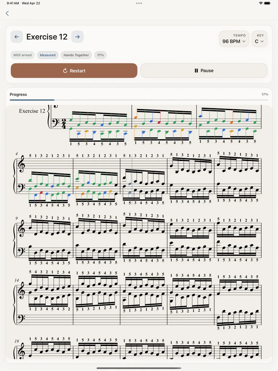 The Hanon Method practice setup screen on iPad